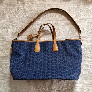 Crosslace XL Weekender tote in Sky Blue of Italian coated canvas and leather